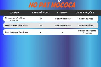 Confira as vagas disponíveis no PAT - Posto de Atendimento ao Trabalhador de Mococa.
