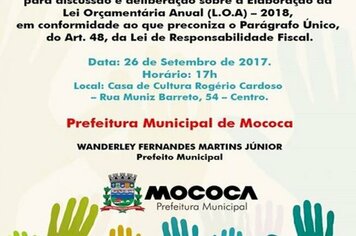 A Prefeitura Municipal de Mococa realizará AUDIÊNCIA PÚBLICA sobre a Elaboração da Lei Orçamentária Anual (L.O.A.) – 2018
