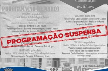 Seguindo as recomendações do Ministério da Cultura, para a prevenção ao Corona vírus, do que se refere à aglomeração de pessoas em eventos culturais, o Departamento Municipal de Cultura e Turismo de Mococa informa: