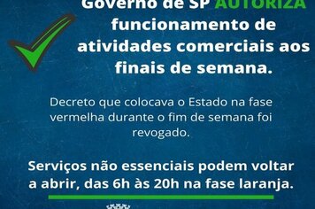 GOVERNO DE SP AUTORIZA FUNCIONAMENTO DE ATIVIDADES COMERCIAIS AOS FINS DE SEMANA.