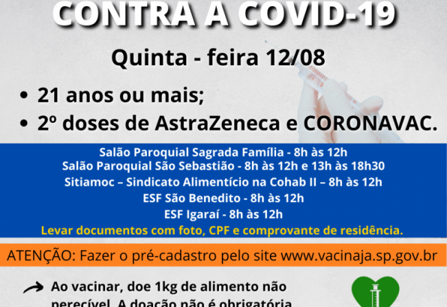 VACINAÇÃO CONTRA A COVID SEGUE AVANÇANDO EM MOCOCA – PESSOAS COM 21 ANOS SERÃO VACINADAS NESTA QUINTA.