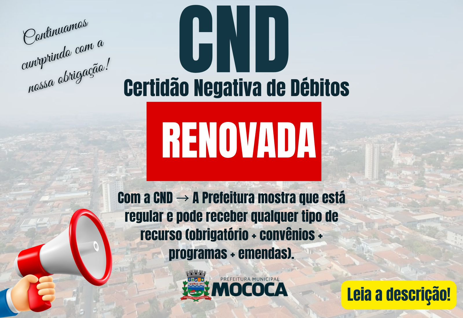 MOCOCA TEM CND RENOVADA E SEGUE APTA A RECEBER RECURSOS PÚBLICOS!