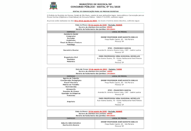  CONFIRA OS HORÁRIOS E LOCAIS DAS PROVAS DO CONCURSO PÚBLICO DA PREFEITURA MUNICIPAL DE MOCOCA
