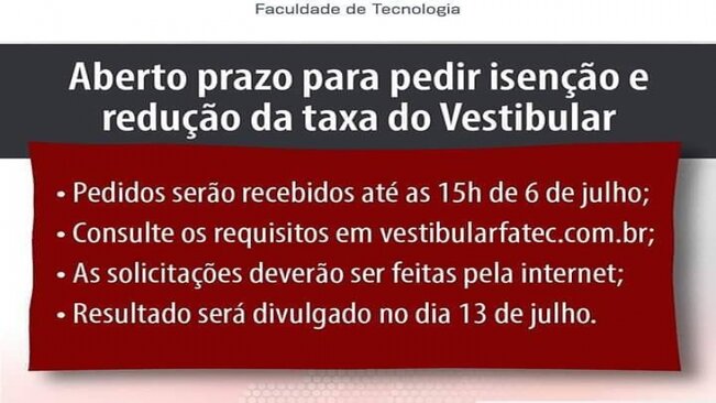 >> ISENÇÃO VESTIBULAR FATEC