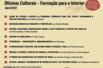 OFICINAS CULTURAIS ONLINE >>

#PARTICIPE!

O Departamento Municipal de Cultura e Turismo de Mococa em parceria com Secretaria de Economia Criativa do Estado de São Paulo informa que estão abertas as inscrições para as Oficinas Culturais que acontecerã