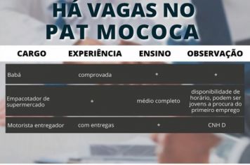 Confira as vagas disponíveis no PAT - Posto de Atendimento ao Trabalhador de Mococa.