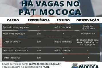Confira as vagas disponíveis no PAT - Posto de Atendimento ao Trabalhador de Mococa.