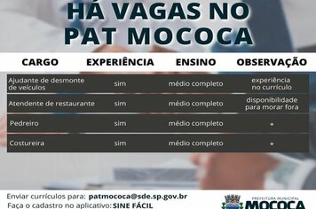Confira as vagas disponíveis no PAT - Posto de Atendimento ao Trabalhador de Mococa.