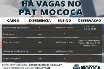 Confira as vagas disponíveis no PAT - Posto de Atendimento ao Trabalhador de Mococa.