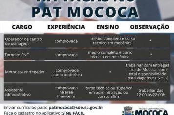  Confira as vagas disponíveis no PAT - Posto de Atendimento ao Trabalhador de Mococa.
