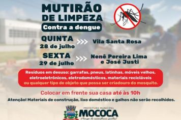 ATENÇÃO MORADORES DA VILA SANTA ROSA, NENÊ PEREIRA LIMA E JOSÉ JUSTI: MUTIRÃO DE LIMPEZA CONTRA DENGUE ESSA SEMANA