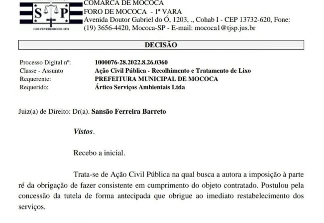 JUSTIÇA DETERMINA QUE A EMPRESA ÁRTICO RETOME A COLETA DE LIXO EM MOCOCA