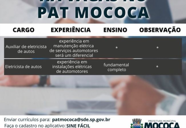  Confira as vagas disponíveis no PAT - Posto de Atendimento ao Trabalhador de Mococa.
