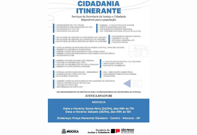 COMEÇA HOJE O PROJETO CIDADANIA ITINERANTE EM MOCOCA!
