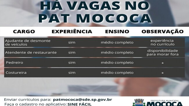 Confira as vagas disponíveis no PAT - Posto de Atendimento ao Trabalhador de Mococa.