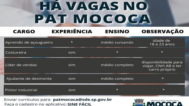 Confira as vagas disponíveis no PAT - Posto de Atendimento ao Trabalhador de Mococa.