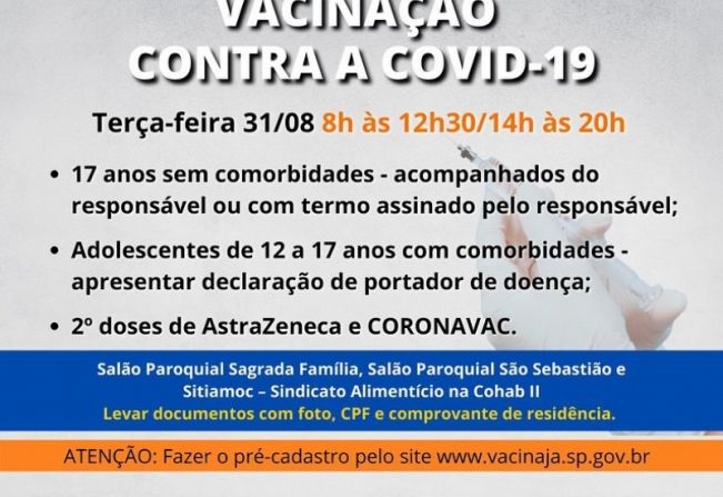  PREFEITURA COMEÇA A VACINAR ADOLESCENTES SEM COMORBIDADES EM MOCOCA ATÉ AS 20 HORAS.
