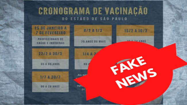 ATENÇÃO - ALERTA DE FAKE NEWS!



É falsa a mensagem que mostra o cronograma de vacinação do estado de São Paulo. As únicas datas confirmadas pelo Governo de SP são para os maiores de 85 anos



- A partir do dia 8 de fevereiro, o estado de São Pa