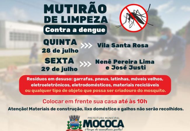 ATENÇÃO MORADORES DA VILA SANTA ROSA, NENÊ PEREIRA LIMA E JOSÉ JUSTI: MUTIRÃO DE LIMPEZA CONTRA DENGUE ESSA SEMANA