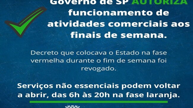 GOVERNO DE SP AUTORIZA FUNCIONAMENTO DE ATIVIDADES COMERCIAIS AOS FINS DE SEMANA.