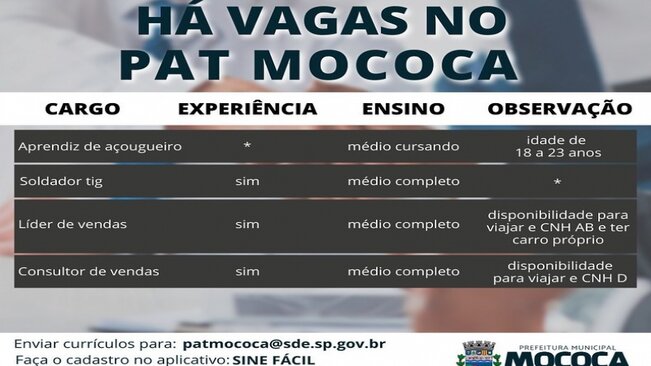 Confira as vagas disponíveis no PAT - Posto de Atendimento ao Trabalhador de Mococa.